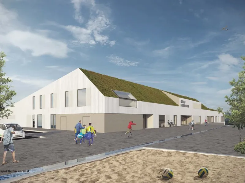Flerbrukshuset skal ligge på Grorud i Oslo. Huset vil inneholde spilleflate for håndballhall, styrketreningssal, garderober, klubblokaler for Grorud IL og en barnehage med 8 baser. Illustrasjon: LINK arkitektur