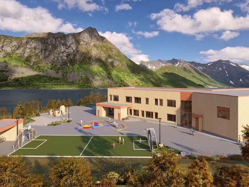 Gryllefjord skole på Senja. Illustrasjon: Asplan Viak.