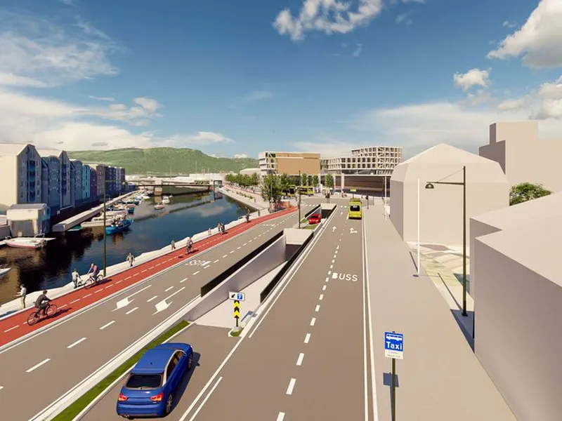 Nedkjørsel til nye Gryta P-Kjeller. Bygningsmassen i bakkant er fortsatt under planlegging. Illustrasjon: Asplan Viak