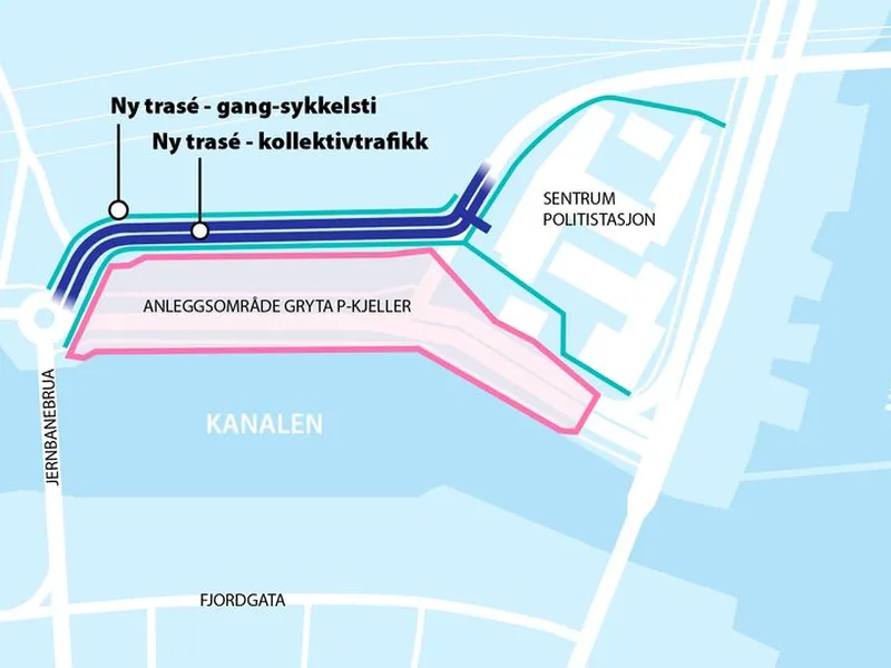 Kartskisse over anleggsområdet, midlertidige holdeplasser og gangsti i deler av byggeperioden. Illustrasjon Tibe T