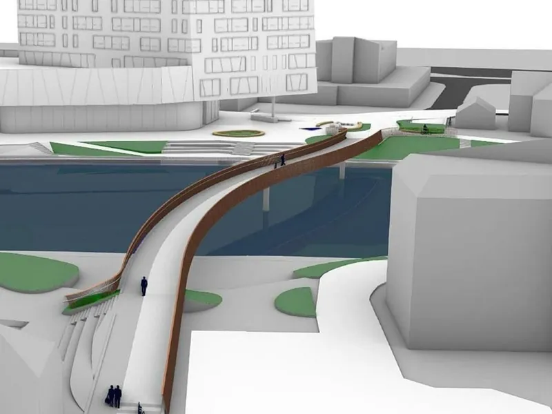 En ny gang- og sykkelbru skal bygges over Jølstra i Førde. Men tilbudene ble for dyre for Førdepakken, og nå avlyses konkurransen. Illustrasjon: Rambøll/L2 Arkitekter.