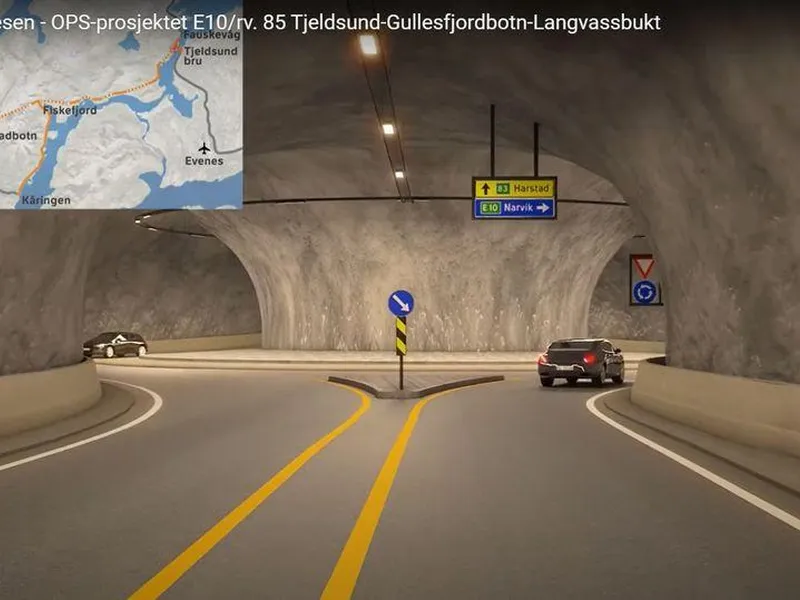 Tunnel med rundkjøring: Gullbergtunnelen får tre armer og en rundkjøring. Slik vil rundkjøringen se ut for trafikken som kommer i fra Lødingen. Tunnelarmen til høyre - E10 mot Narvik - leder ut til Tjeldsundbrua.
