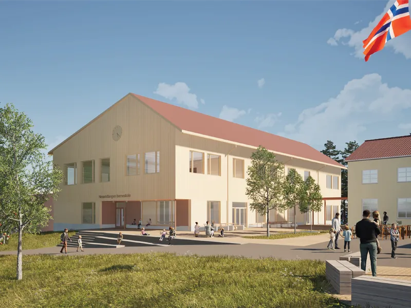 Grafisk tegnet skole i solskinn - Klikk for stort bilde