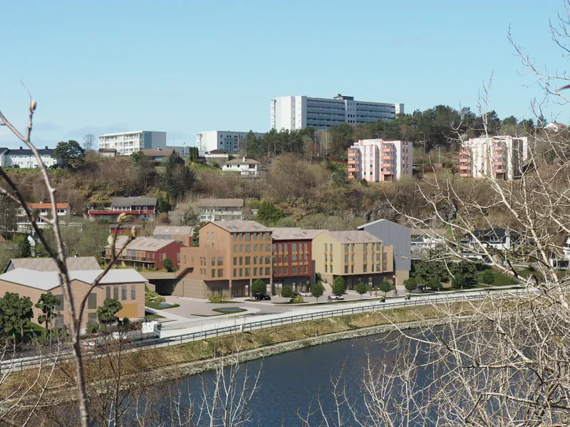 43 leiligheter i blokk og ni boliger i rekkehus planlegges til et næringsområde i Bergen. Illustrasjon: En til En Arkitekter.