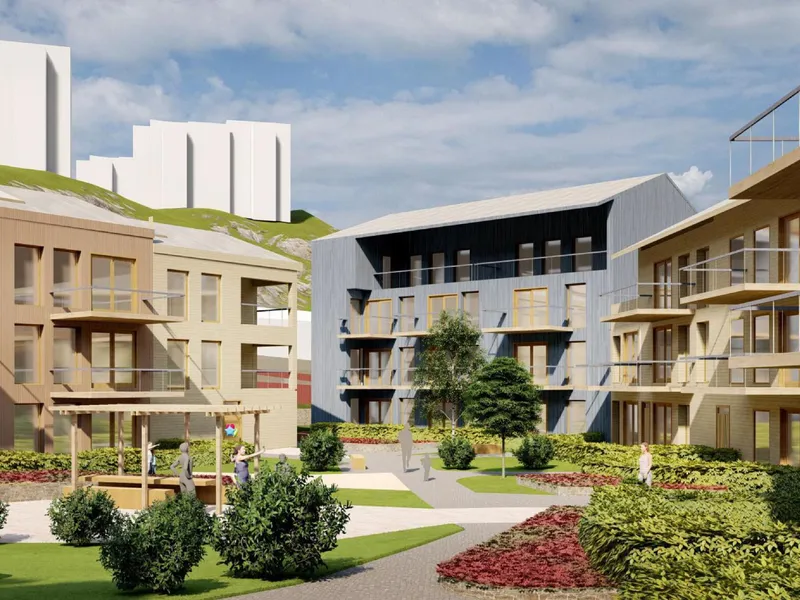 43 leiligheter i blokk og ni boliger i rekkehus planlegges til et næringsområde i Bergen. Illustrasjon: En til En Arkitekter.