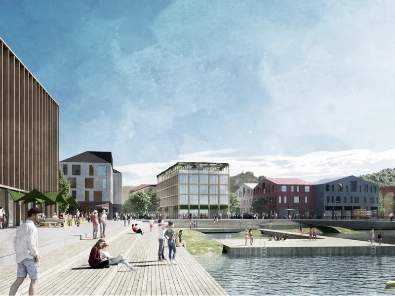 A-lab og Lala Tøyen Perspektiv fra svømmehall mot stasjon og festning