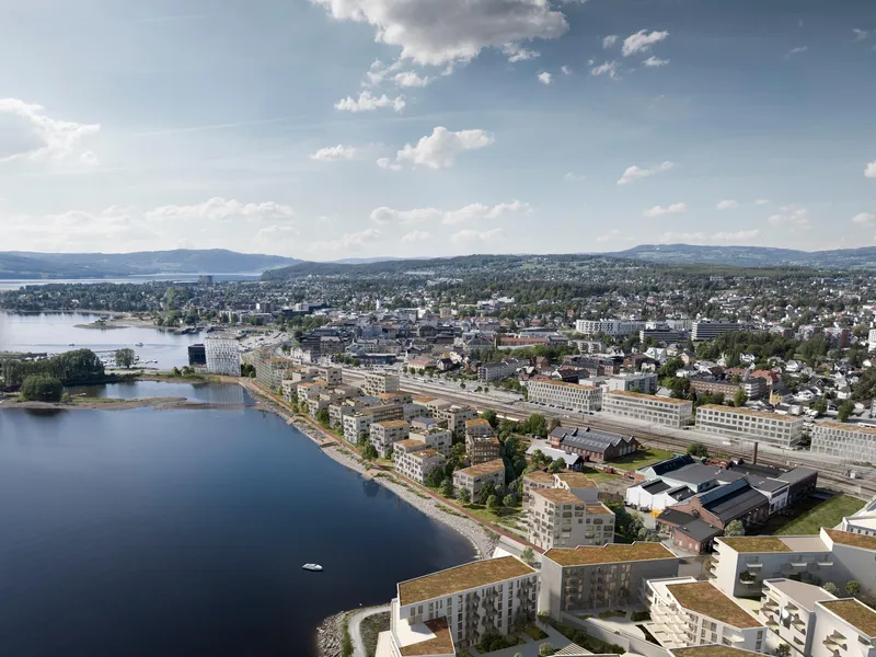 Dronefoto over strandsonen i Hamar