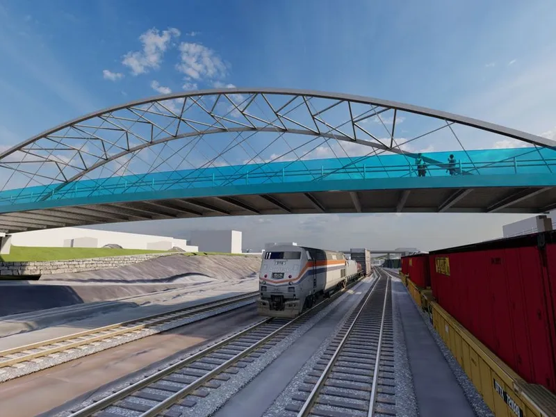 Gang- og sykkelbrua over jernbanen ved Leangen i Trondheim blir den første i sitt slag her til lands som bygges i 100 prosent resirkulert aluminium.Illustrasjon: Statens vegvesen