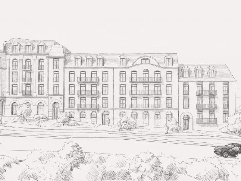 Arkitektonisk illustrasjon av HasleHaven sett fra siden med klassisk fasade og gjennomgangspassasje