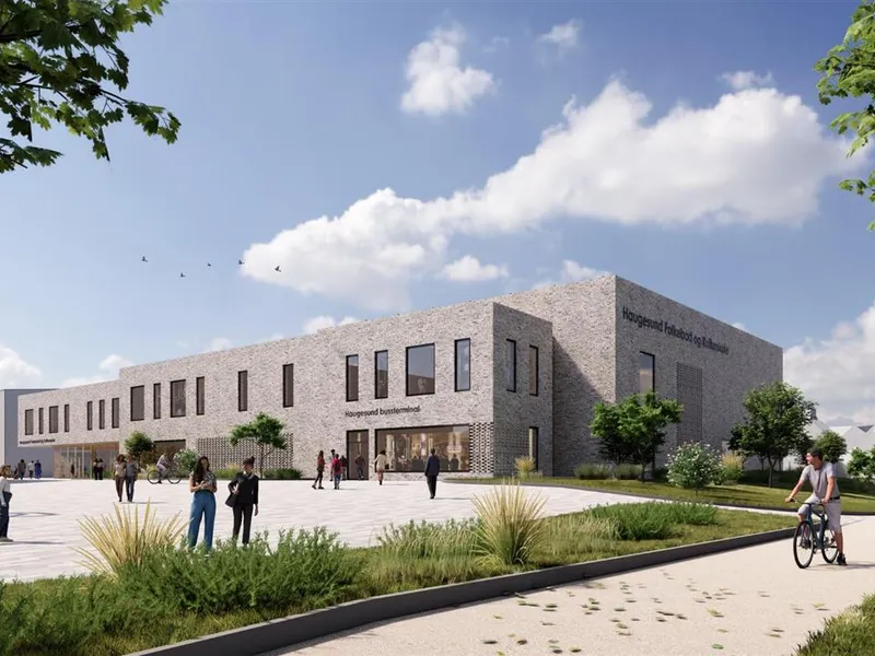 Illustrasjoner av det fremtidige folkebadet og kulturskolen som skal bygges ved Flotmyr i Haugesund. - Klikk for stort bilde