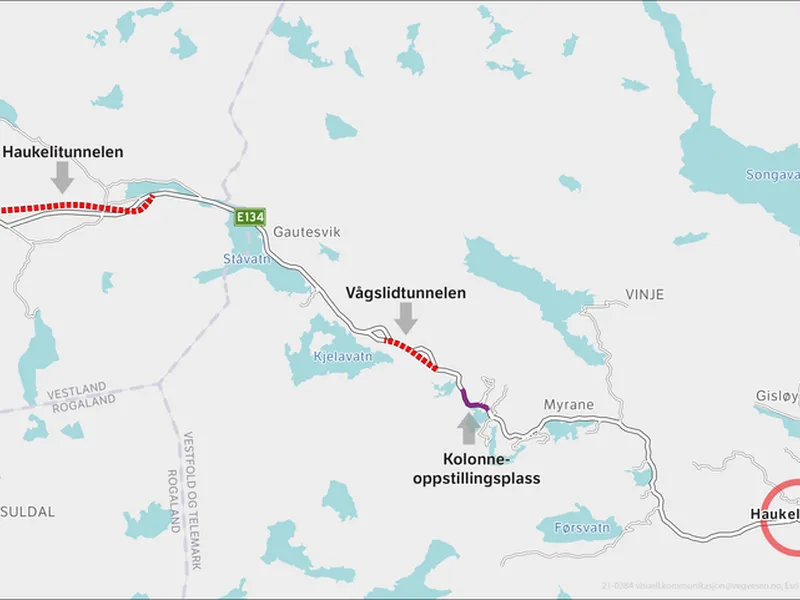 Kolonneoppstillingsplassen kommer på E134 mellom Myrane og Kjelavatn. (Illustrasjon: Statens vegvesen).