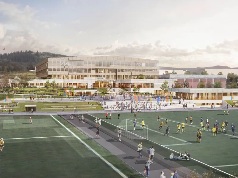 Nye Heimdal vgs. og flerbrukshall skal etter planen stå ferdig i 2017. Ill.: Skanska