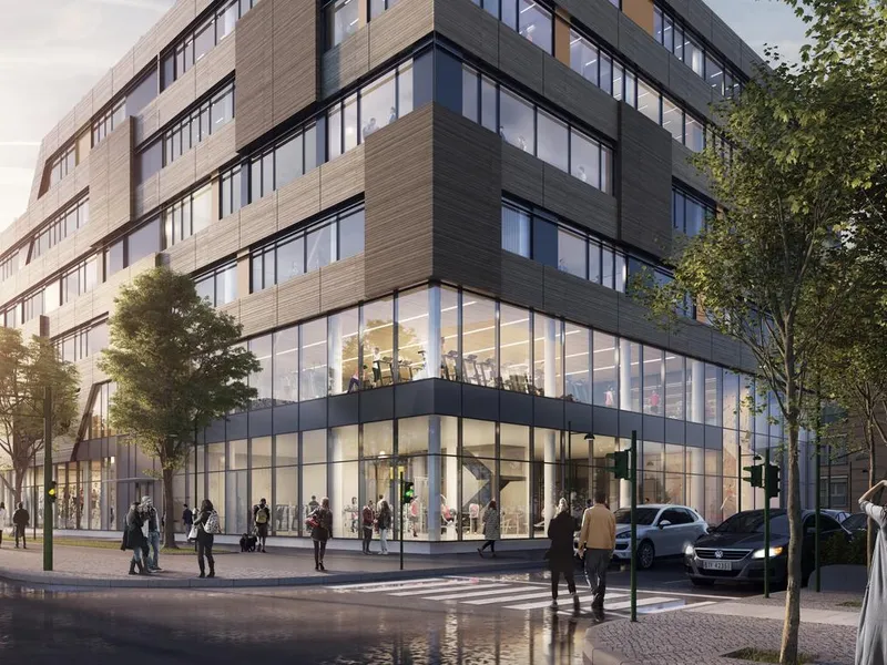 Utendørs fasade fra gateplan. Illustrasjon