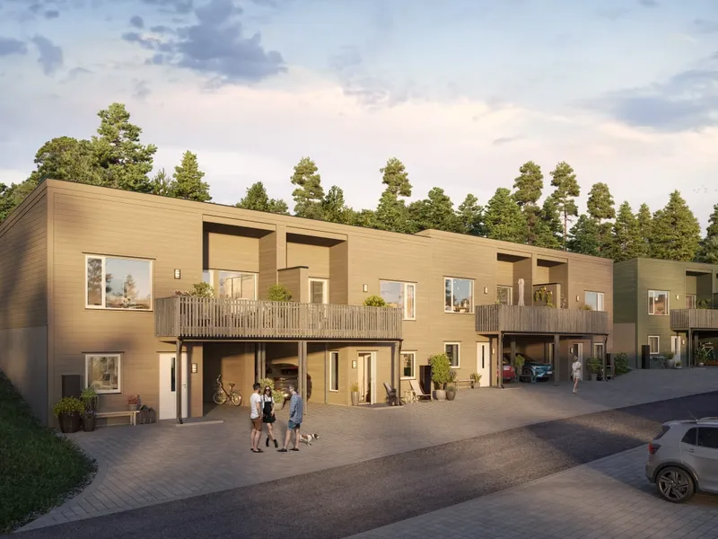 Illustrasjon av fasade på rekkehus på Henckeltunet Park C13