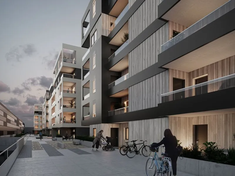 Første byggetrinn av Herkules Park i Skien består av 40 leiligheter fordelt på to bygg. Illustrasjon: Arkitektkontoret Point.
