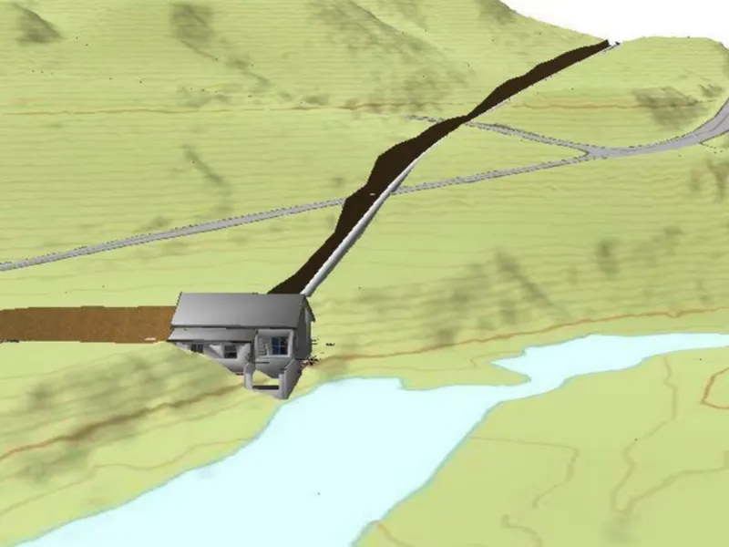 Illustrasjon av kraftverksbygget til Hinøgla kraftverk i Nord-Fron kommune.