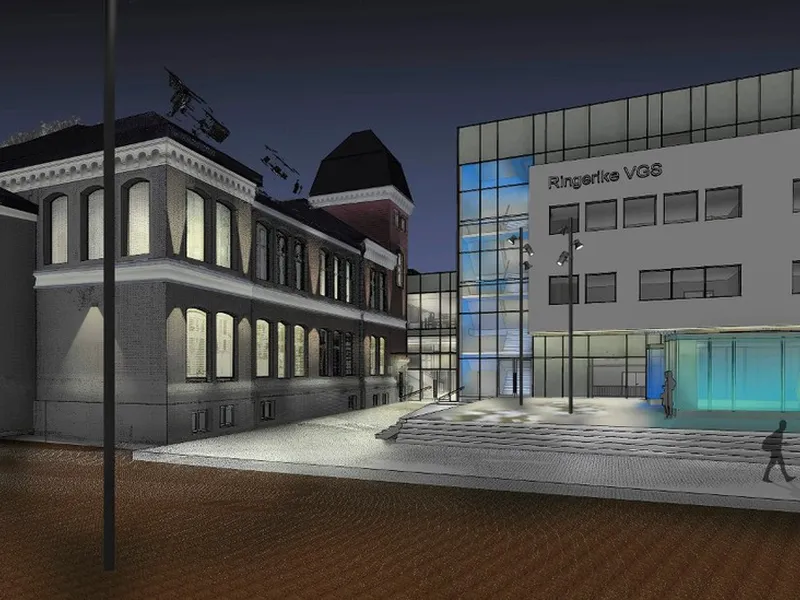 NYSKOLEN: Det nye bygget kommer der dagens gymsal ligger og vil ligge nærmest Kongens gate. De to byggene vil henge sammen med en glassgang. Foto: Illustrasjon: Norconsult