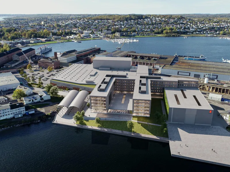 Illustrasjon område, fugleperspektiv, vann, glassfasader, blå himmel