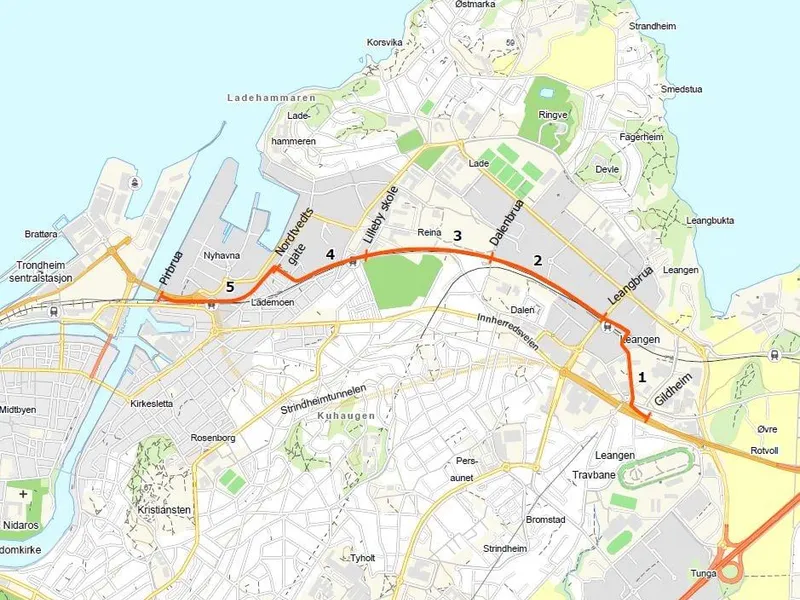Kart strekningene Hovedsykkelrute Trondheim 