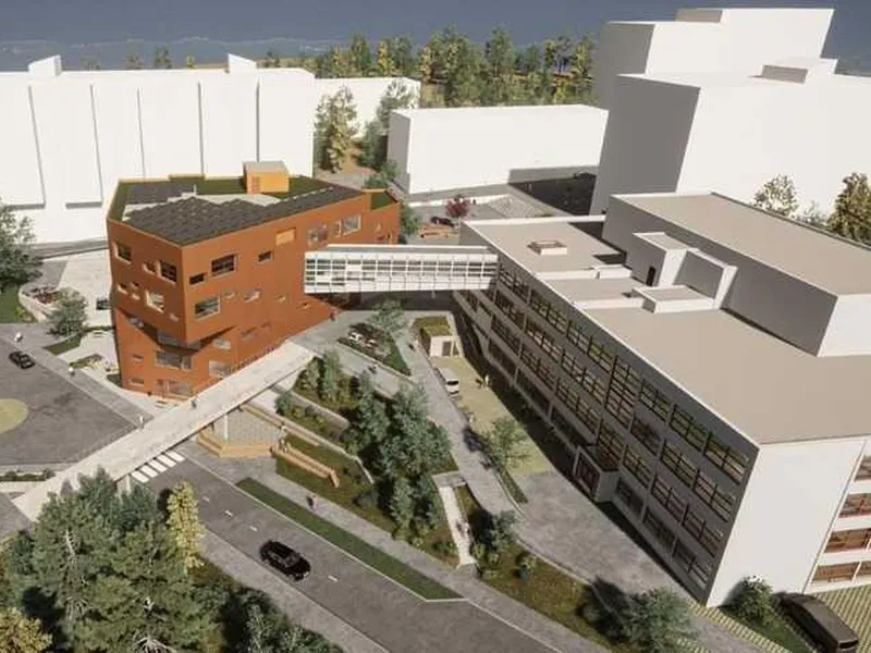 Eksisterende Hovseter skole skal totalrehabiliteres og knyttes til et nytt skolebygg via gangbro. Uteområdet skal også oppgraderes. Dette er en foreløpig arbeidsskisse av prosjektet. Illustrasjon: Arkitektkontoret GASA / LINK Arkitektur / Oslobygg KF