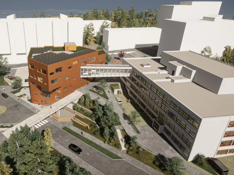 Eksisterende Hovseter skole skal totalrehabiliteres og knyttes til et nytt skolebygg via gangbro. Uteområdet skal også oppgraderes. Dette er en foreløpig arbeidsskisse av prosjektet. Illustrasjon: Arkitektkontoret GASA / LINK Arkitektur / Oslobygg KF