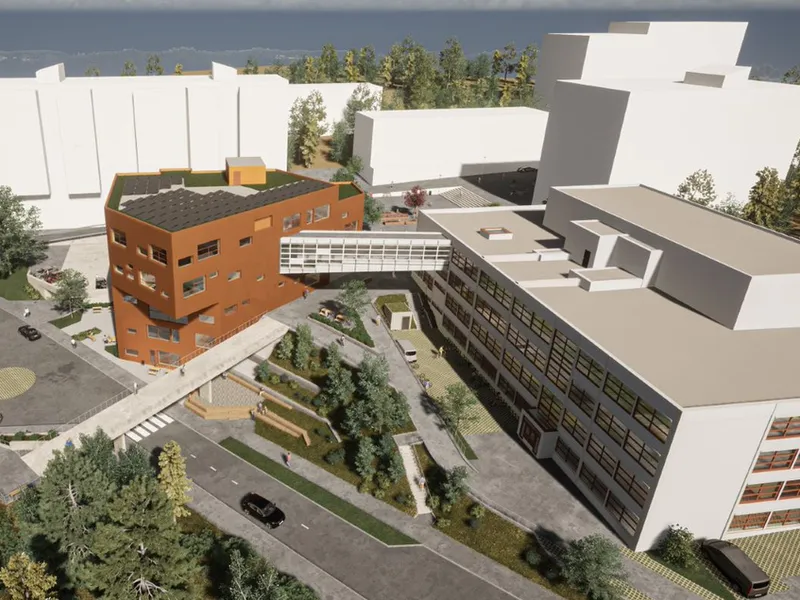 Eksisterende Hovseter skole skal totalrehabiliteres og knyttes til et nytt skolebygg via gangbro. Uteområdet skal også oppgraderes. Dette er en foreløpig arbeidsskisse av prosjektet. Illustrasjon: Arkitektkontoret GASA / LINK Arkitektur / Oslobygg KF