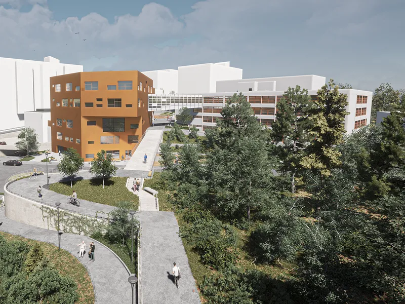 Illustrasjon av skolebygg, gangvei, trær