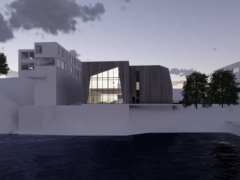 Illustrasjon av bygg sett utenfra med høy glassfasade