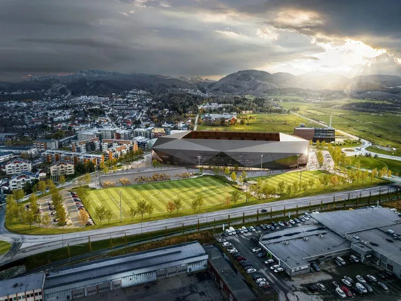 Illustrasjonsbilde av Bodø/Glimts nye stadion, Arctic Arena, fra luften.