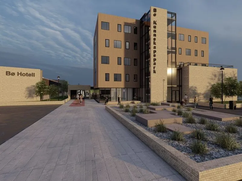 Bø Hotell og Bø Kunnskapspark. Illustrasjon: Sør Arkitekter AS