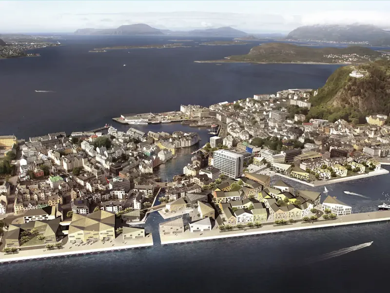 Foto av Sørsida med bygninger og illustrasjon av bygninger.   - Klikk for stort bilete