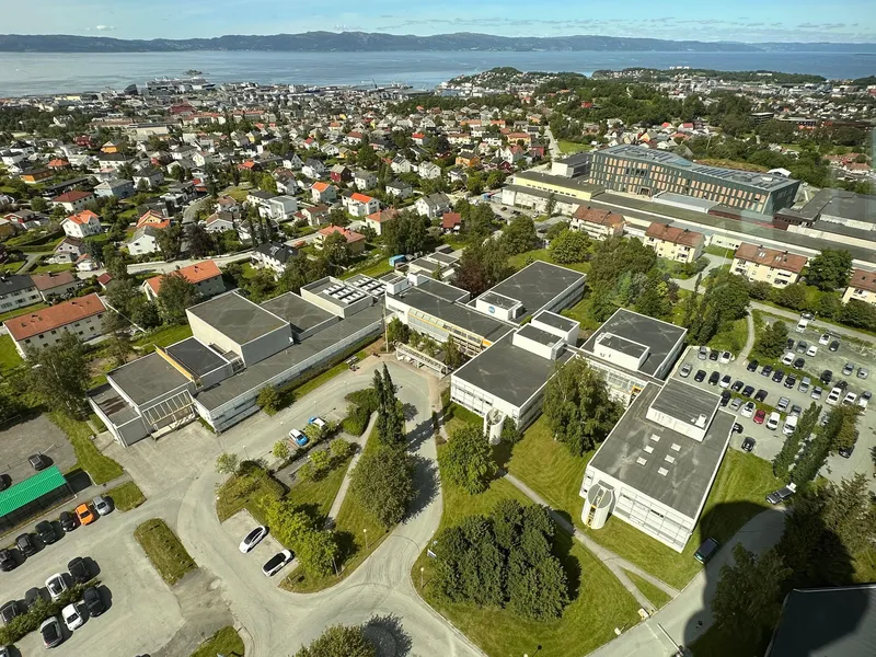 Oversiktsbilde over tomta på Tyholt, med hus og utsikt til vannet.