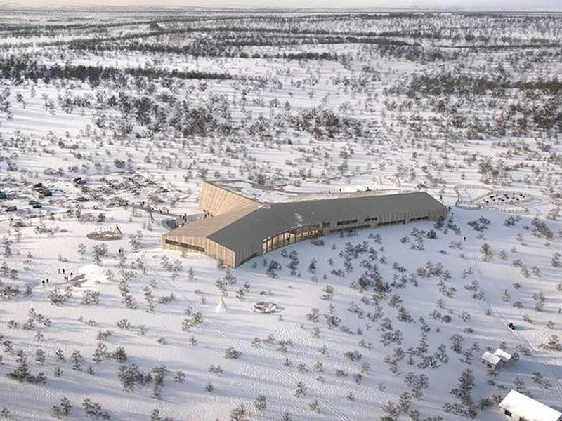 Fugleperspektiv av hvordan Čoarvemátta, bygningen for nye Beaivváš og Sámi joatkkaskuvla, vil være plassert i Kautokeino. Foto:  Econor, Snøhetta og 70°N arkitektur.