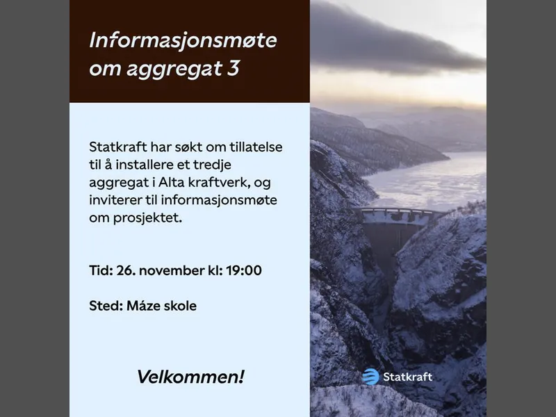 Bildet viser en plakat for informasjonsmøte med tekst om møte. Ved siden av teksten er det bilde av demningen i Cávžo  - Klikk for stort bilde