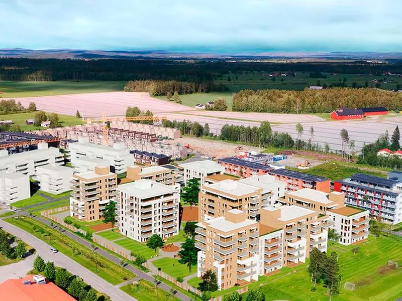 Illustrasjonen er hentet fra salgsprospektet for tomten og viser hvordan det nye boligfeltet på Jessheim kan bli. Den endelige utformingen av prosjektet vil bli utarbeidet av OBOS etter føringene i den vedtatte detaljreguleringen.  Illustrasjon: HRTB Arkitekter.