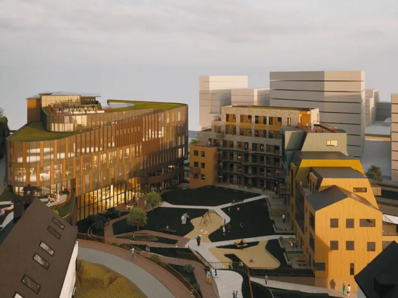 En tidlig illustrasjon av Kanalveien 52 på Mindemyren i Bergen. Illustrasjon: Holon Bergen.