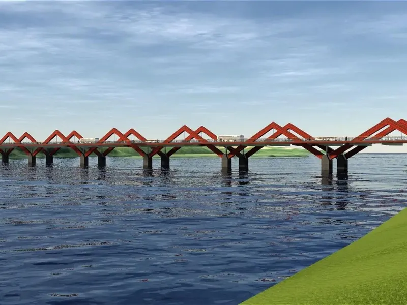Karlgårdsbron blir en 400 meter lang hengverksbru med trebukker, tverrbjelker i stål og et brudekke bestående av en tverrspent treplate. Brua vil ha totalt 10 spenn. Illustrasjon: Skellefteå kommun.