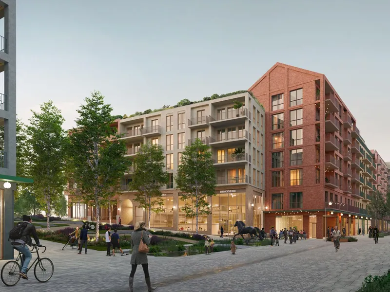 Ved Bjerke Travbane i Oslo skal et nytt boligområde snart ta form. Illustrasjon: Selvaag Bolig/DARK Arkitekter.