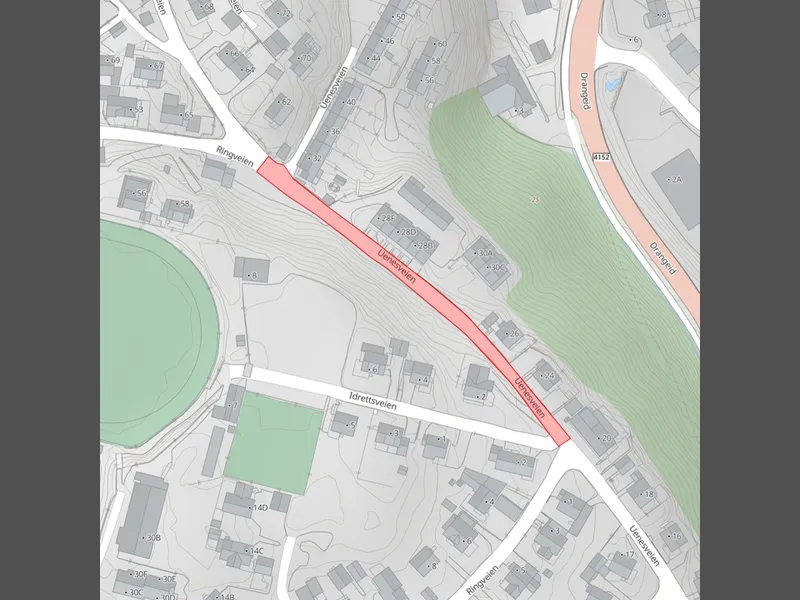 Kartutsnitt over anleggsområde i Uenesveien - Klikk for stort bilde