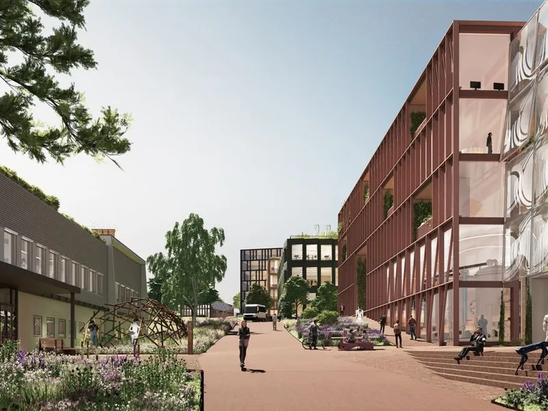 Slik kan den nye forskningsparken på Kjeller bli. Illustrasjon: Grape Architects