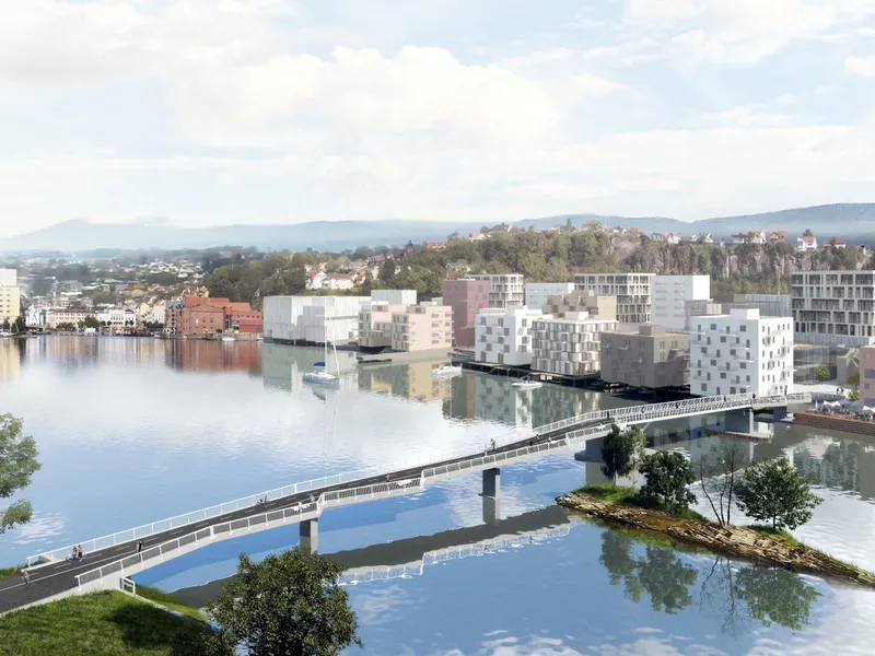 Illustrasjon som viser hvordan gang- og sykkelbrua fra Klosterøya til Jernbanebrygga kan bli.