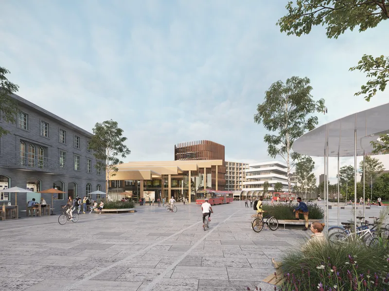Illustrasjon av torget med mennesker og kollektivtransport i skjønn harmoni