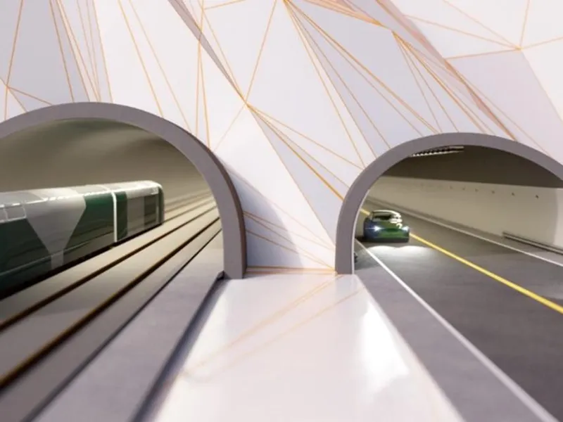 En illustrasjon viser to tunneler, den ene med et tog på skinner og den andre med biler på en vei.