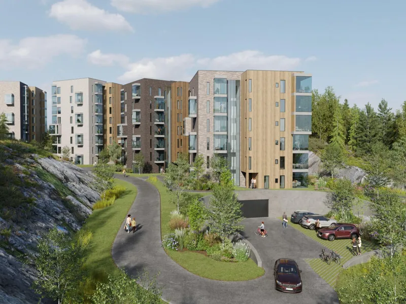 Slik planlegges de fire blokkene ved Kobberveien på Tinnheia i Kristiansand. Illustrasjon: Atelier T. Olsen / Fantom Studio.