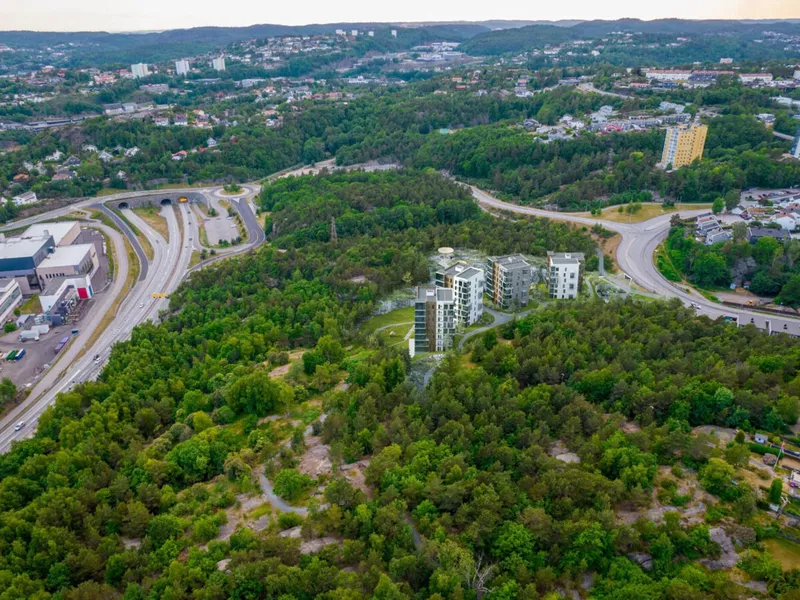 Slik planlegges de fire blokkene ved Kobberveien på Tinnheia i Kristiansand. Illustrasjon: Atelier T. Olsen / Fantom Studio.