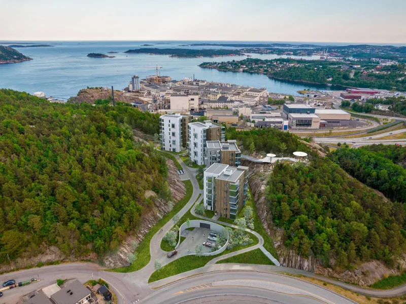 Slik planlegges de fire blokkene ved Kobberveien på Tinnheia i Kristiansand. Illustrasjon: Atelier T. Olsen / Fantom Studio.