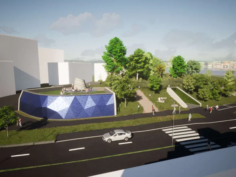 Koksa transformatorstasjon sett fra boligbebyggelsen sør for Rolfsbuktveien. Illustrasjon/ Elvia