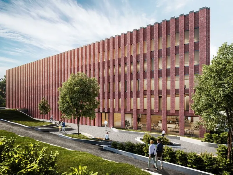 Kongens gate 87 i Trondheim oppgraderes til topp moderne kontorlokaler. Den gamle politistasjonen vil blant annet åpnes opp på bakkeplan. (illustrasjon)