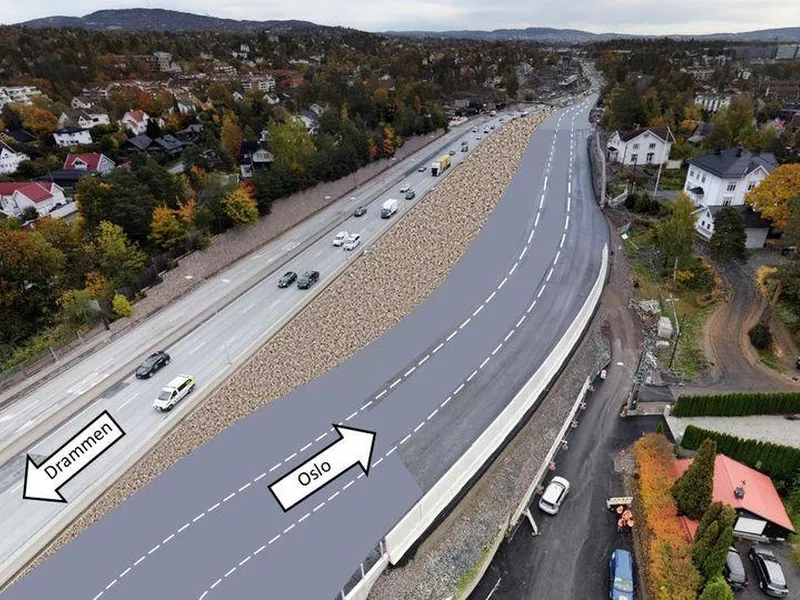 Skisse som viser midlertidig omlegging av E18 ved Strand