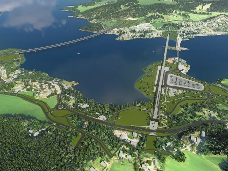 Slik er planene for Sundvollen dersom det blir etablert liten utfylliing. Foto: Fellesprosjektet for Ringeriksbanen og E16
